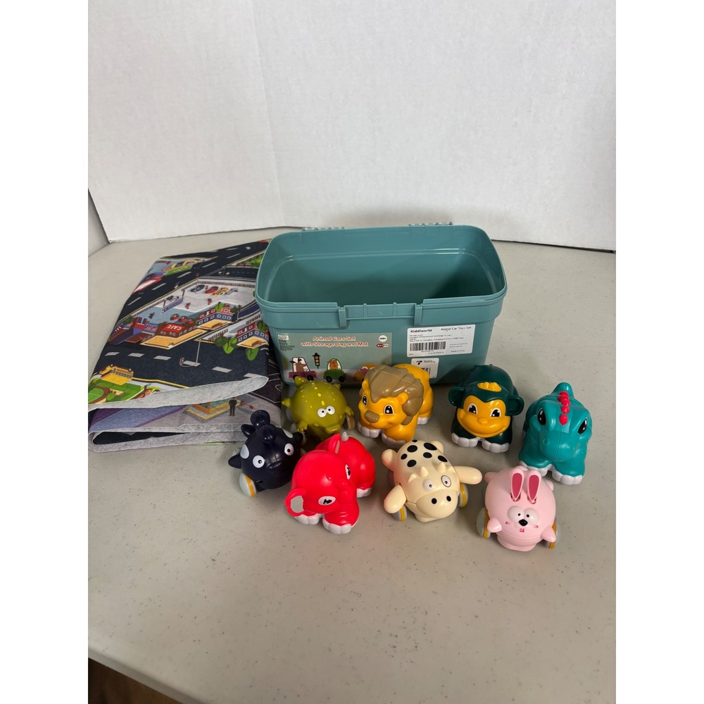KiddieWorld Animal Cars‎ Set with Storage Bin and Play Mat 8+ Pieces Toddler Toy